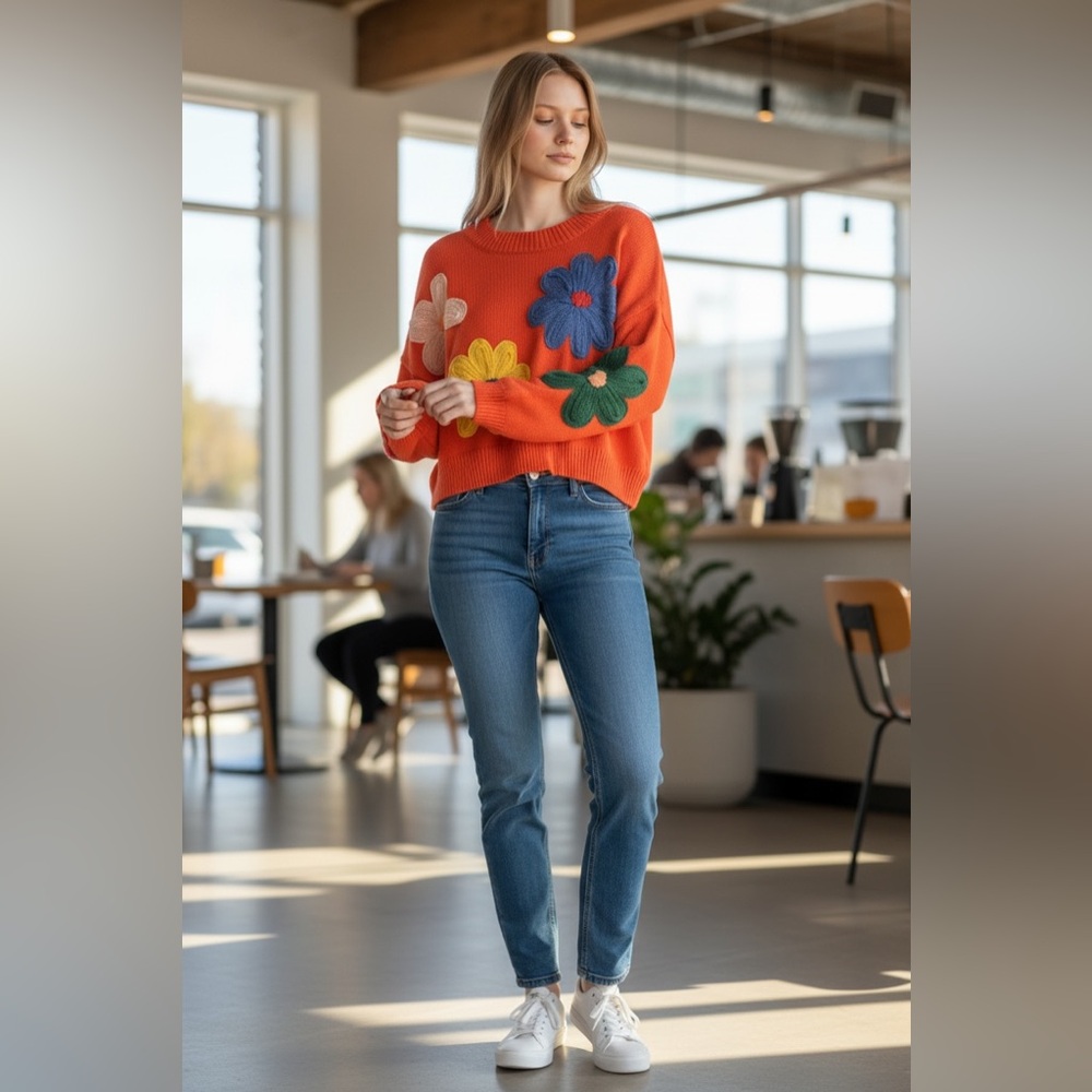 moon & madison Orange Crewneck Sweater with Multicolor Floral Appliqués